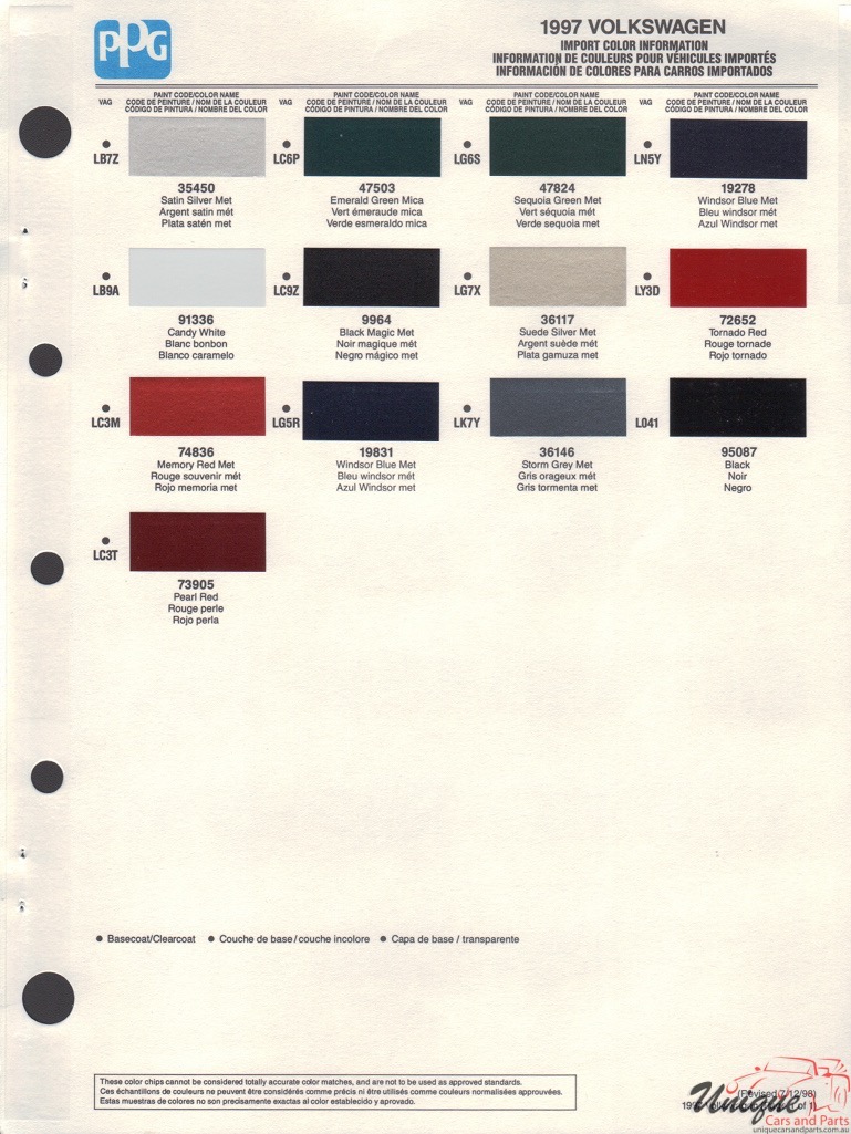 1997 Volkswagen Paint Charts PPG 1